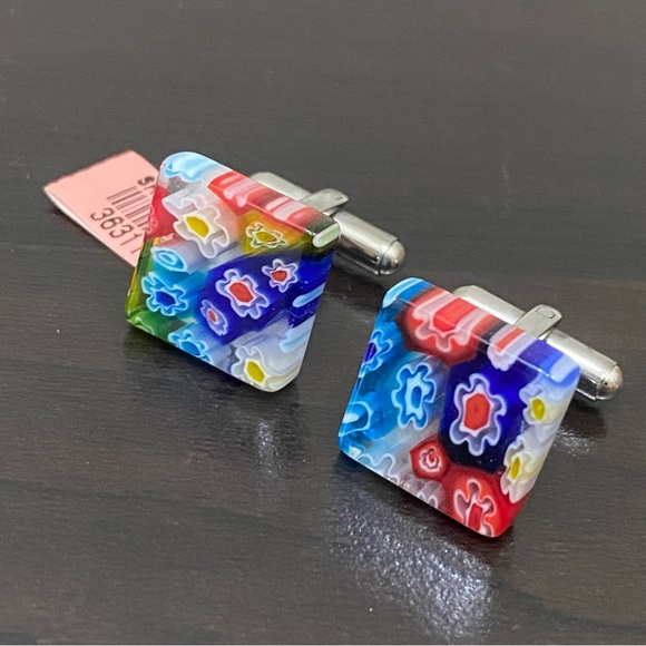 Multicolored Millefiori Fused Murano Glass Stainless Steel Cufflinks - Picture 5 of 11